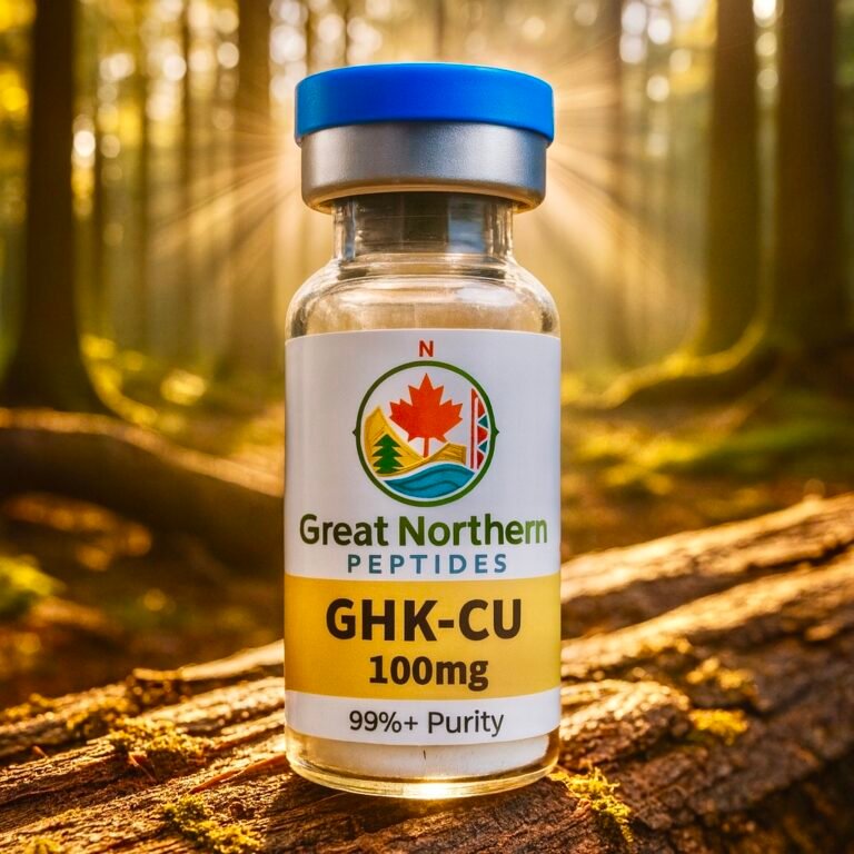 Buy GHK-Cu peptide in Canada – Great Northern Peptides 100 mg vial for skin, collagen, and recovery support.