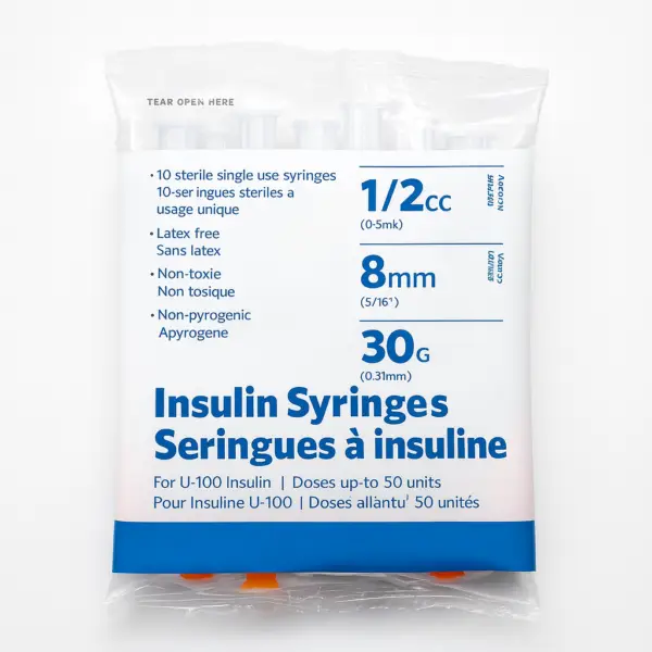 Buy insulin syringes 0.5mL in Canada – 8mm 30G sterile needles for peptide use from Great Northern Peptides.