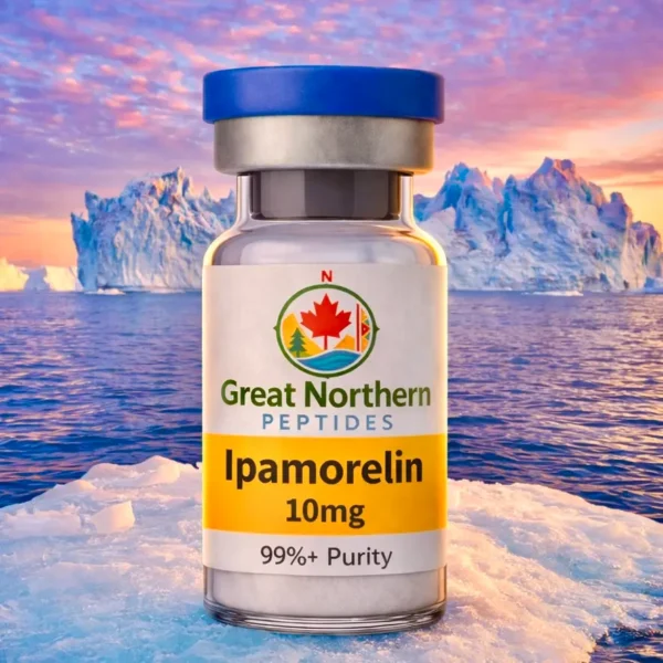 Ipamorelin 10mg peptide vial by Great Northern Peptides – growth hormone–releasing peptide for recovery and performance research in Canada