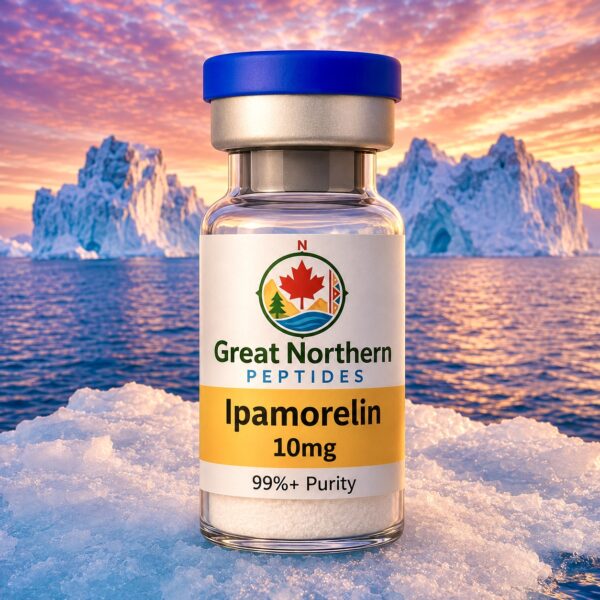 Ipamorelin 10mg peptide vial by Great Northern Peptides – growth hormone–releasing peptide for recovery and performance research in Canada