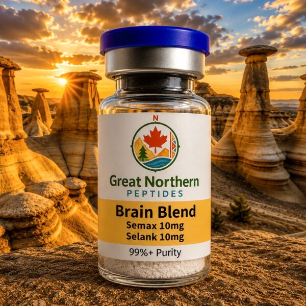 Brain Blend peptide vial containing Selank 10mg and Semax 10mg from Great Northern Peptides Canada.