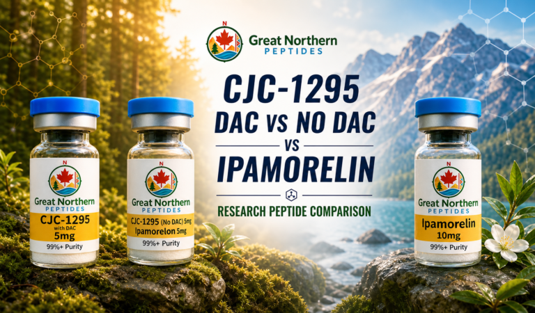 CJC-1295 with DAC vs without DAC vs ipamorelin comparison featuring three Great Northern Peptides branded vials