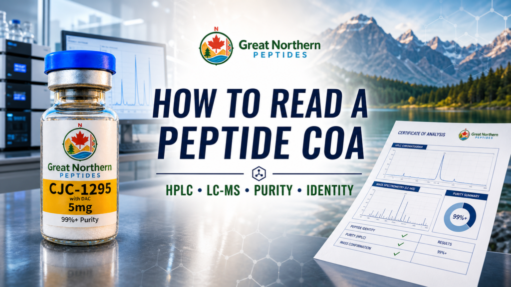 How to read a peptide Certificate of Analysis with a Great Northern Peptides vial, HPLC chromatogram and laboratory report