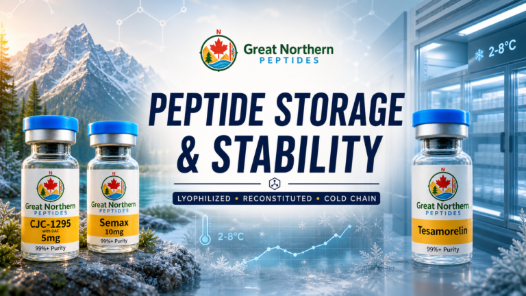 Peptide storage and stability guide with branded Great Northern Peptides vials in a controlled cold-chain laboratory