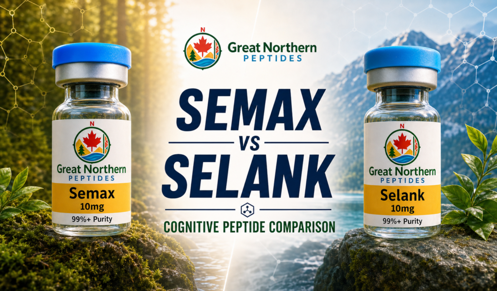 Semax vs Selank cognitive peptide comparison featuring two Great Northern Peptides branded vials