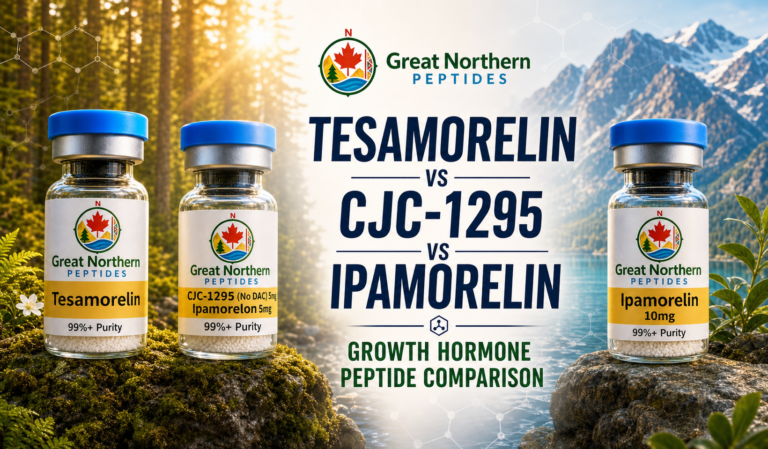 Tesamorelin vs CJC-1295 vs ipamorelin comparison with three Great Northern Peptides branded vials